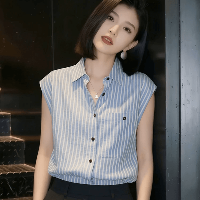 pllfs 패션 파란색 스트라이프 폴로 칼라 민소매 여성 셔츠 2026 여름 새로운 루즈핏 캐주얼 조끼 맨위 상세 이미지 1