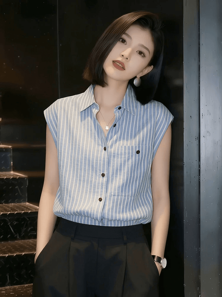 pllfs 패션 파란색 스트라이프 폴로 칼라 민소매 여성 셔츠 2026 여름 새로운 루즈핏 캐주얼 조끼 맨위 상세 이미지 5