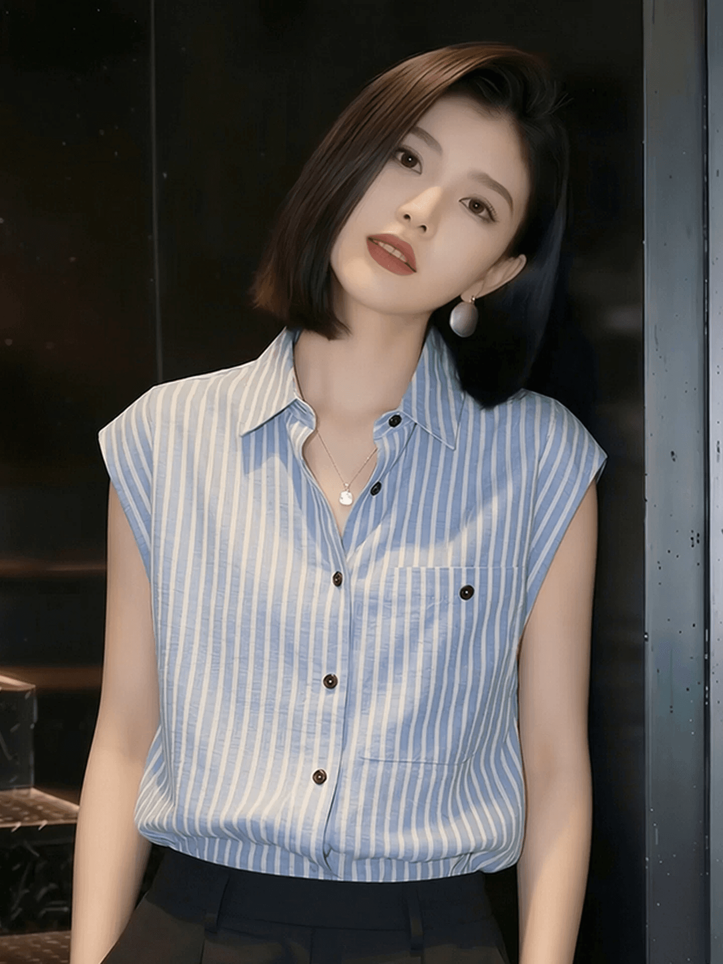 pllfs 패션 파란색 스트라이프 폴로 칼라 민소매 여성 셔츠 2026 여름 새로운 루즈핏 캐주얼 조끼 맨위 상세 이미지 6