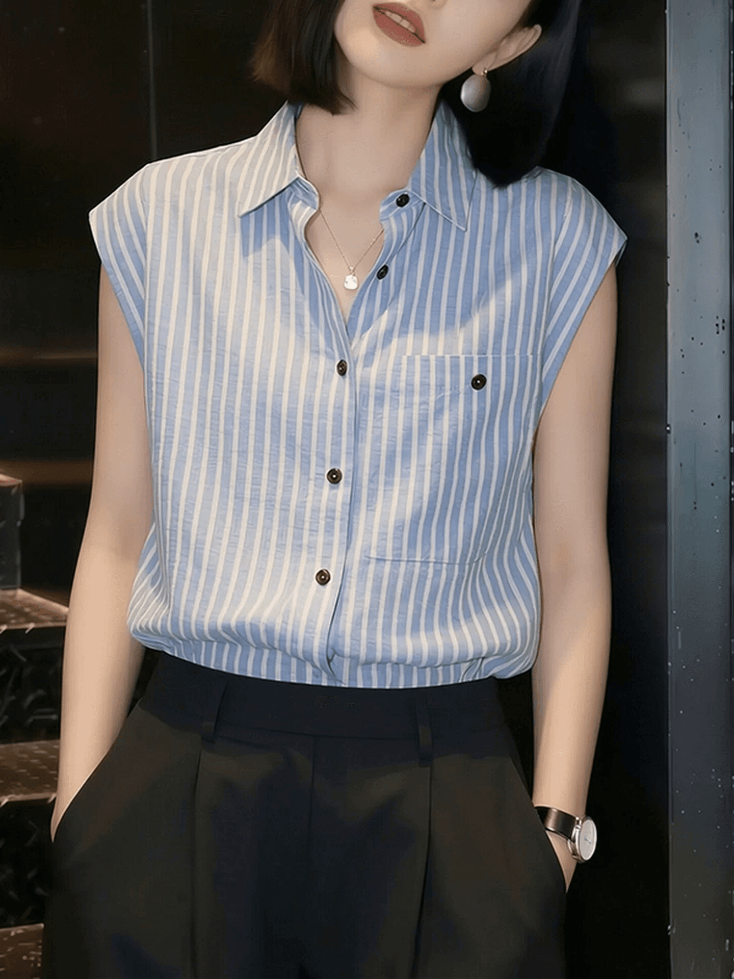 pllfs 패션 파란색 스트라이프 폴로 칼라 민소매 여성 셔츠 2026 여름 새로운 루즈핏 캐주얼 조끼 맨위 상세 이미지 7