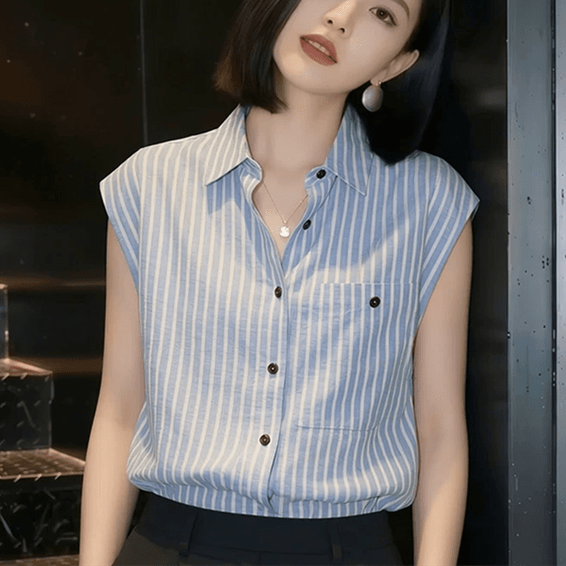 pllfs 패션 파란색 스트라이프 폴로 칼라 민소매 여성 셔츠 2026 여름 새로운 루즈핏 캐주얼 조끼 맨위