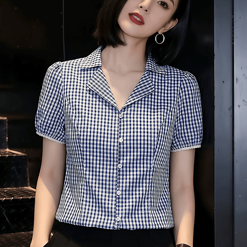 익스트림 제인 바람 폴로 칼라 품격 다용도 체크무늬 반팔 여성 셔츠 2026 여름 새로운 올해 인기 폭발 맨위 이미지 5
