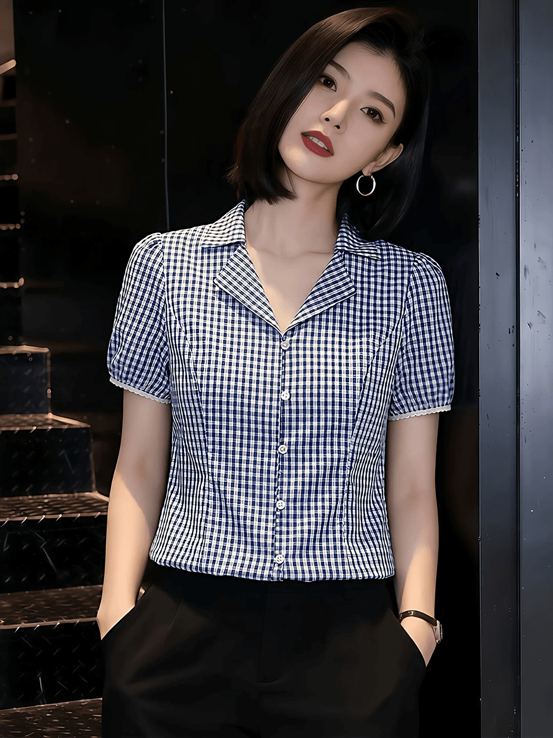 익스트림 제인 바람 폴로 칼라 품격 다용도 체크무늬 반팔 여성 셔츠 2026 여름 새로운 올해 인기 폭발 맨위 상세 이미지 1