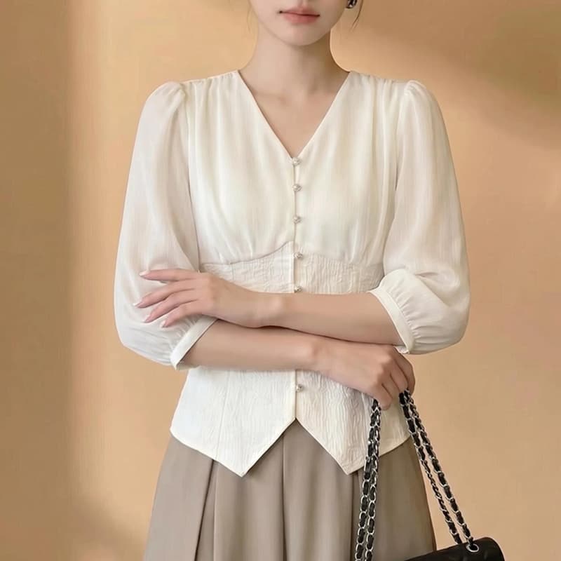 여름 디자인 센스 벌룬 소매 외국 가스 쉬폰 블라우스 맨위 여성 자카드 기본 셔츠 허리 수축 Chic 여성 셔츠 이미지 2