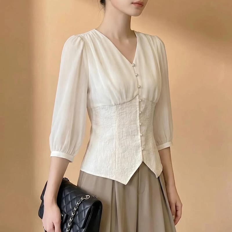 여름 디자인 센스 벌룬 소매 외국 가스 쉬폰 블라우스 맨위 여성 자카드 기본 셔츠 허리 수축 Chic 여성 셔츠 상세 이미지 4