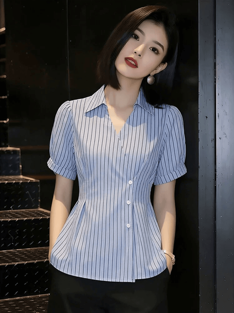 출퇴근 허리 수축 슬림해 보이는 반팔 셔츠 여성 의류 여름 2026 년 새로운 스트라이프 셔츠 맨위 슈퍼 잘 생긴 작은 셔츠 상세 이미지 1