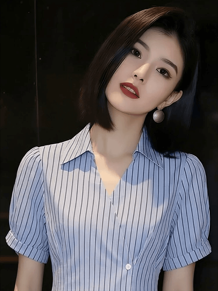 출퇴근 허리 수축 슬림해 보이는 반팔 셔츠 여성 의류 여름 2026 년 새로운 스트라이프 셔츠 맨위 슈퍼 잘 생긴 작은 셔츠 상세 이미지 4