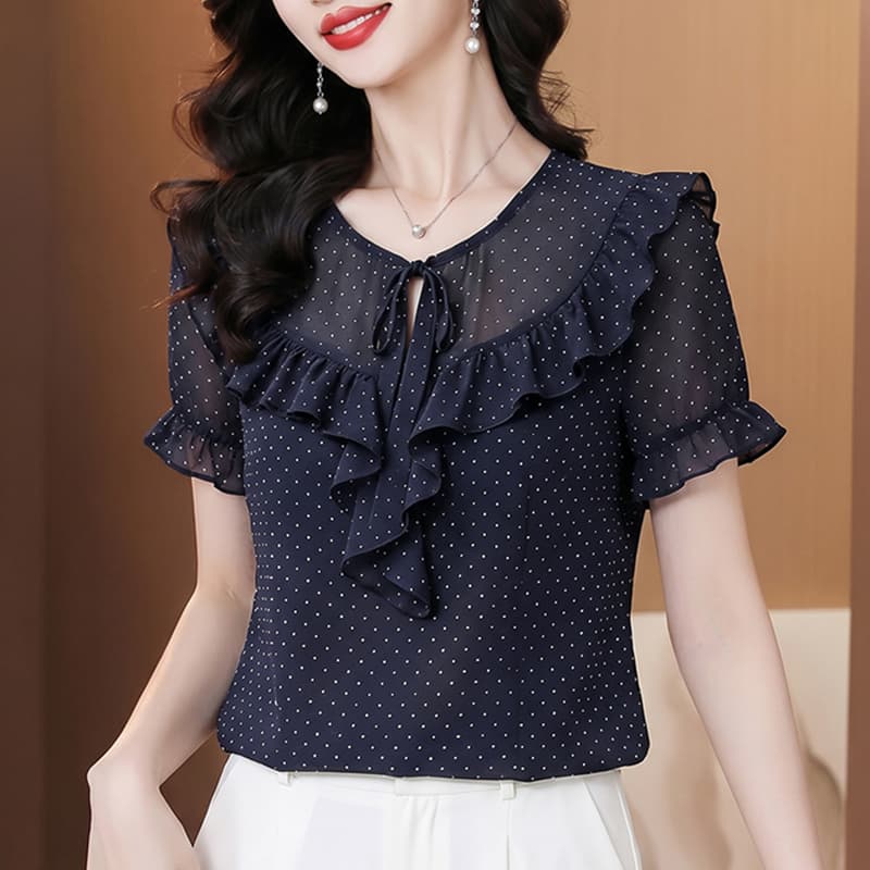 프린트 쉬폰 블라우스 2026 여름 디자인 센스 셔츠 맨위 여성 쉬폰 Feifei 소매 맨위 V넥 반팔 셔츠 이미지 6