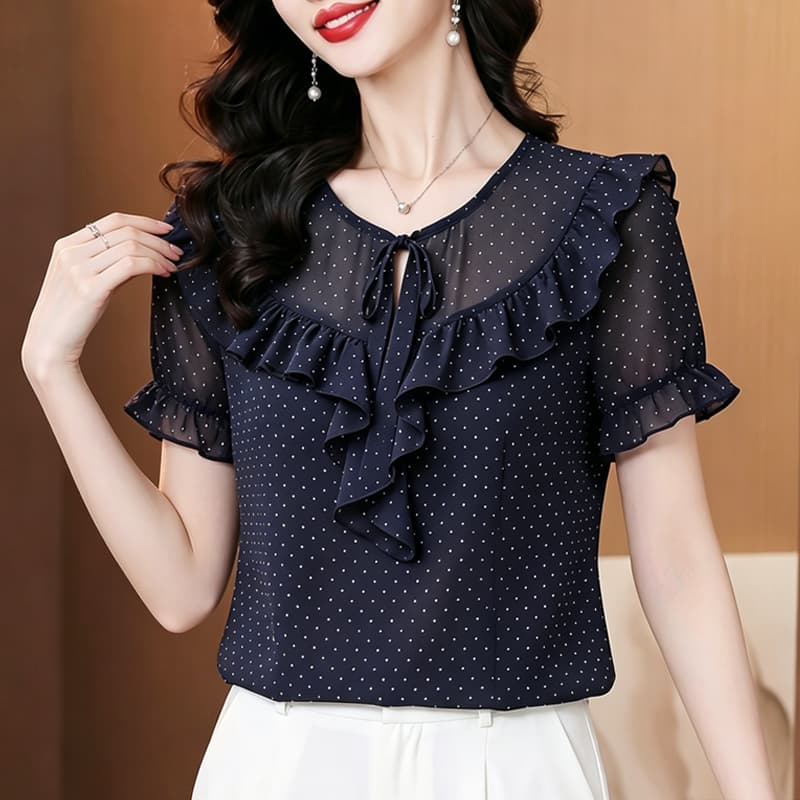 프린트 쉬폰 블라우스 2026 여름 디자인 센스 셔츠 맨위 여성 쉬폰 Feifei 소매 맨위 V넥 반팔 셔츠 상세 이미지 2