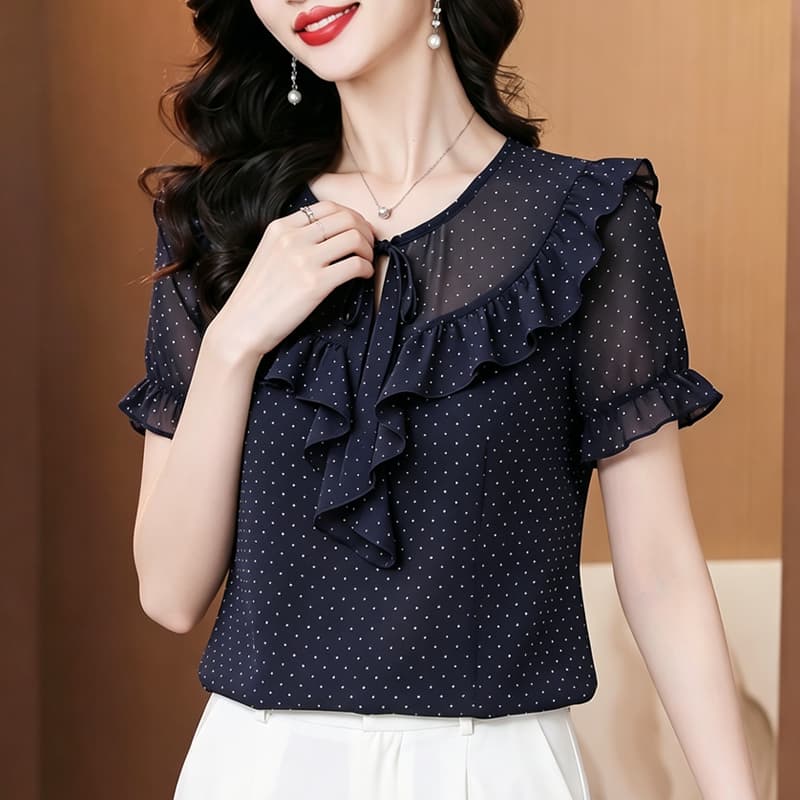 프린트 쉬폰 블라우스 2026 여름 디자인 센스 셔츠 맨위 여성 쉬폰 Feifei 소매 맨위 V넥 반팔 셔츠 상세 이미지 4