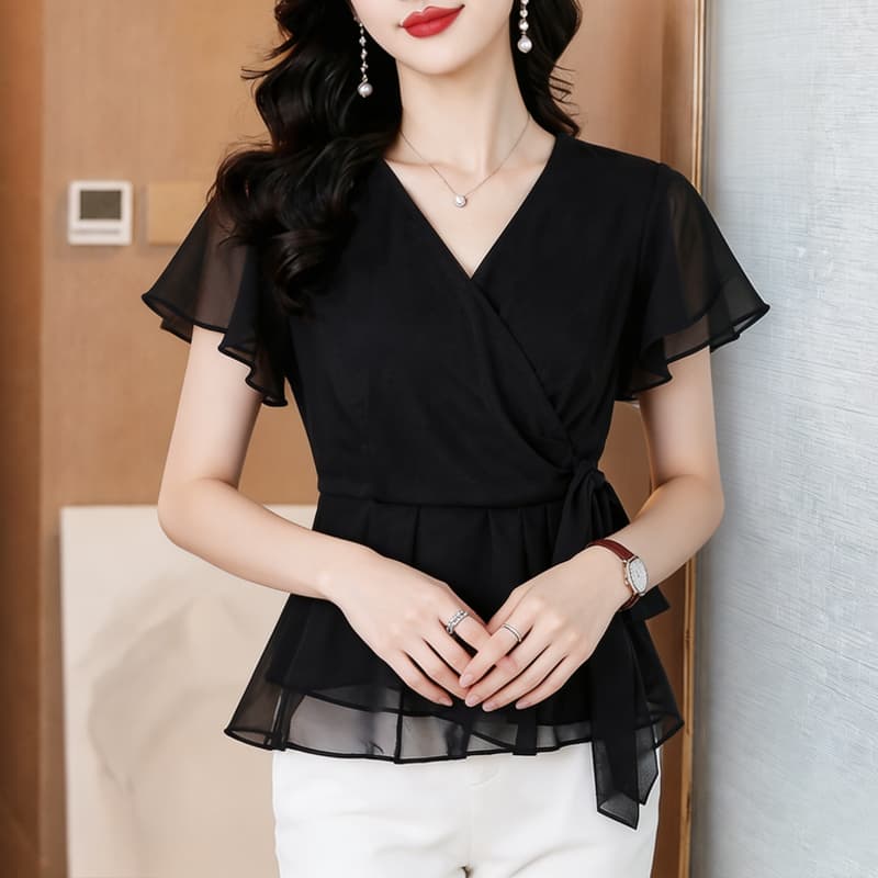 프랑스식 십자가 V넥 꽃무늬 쉬폰 블라우스 맨위 여성용 짧은 소매 Chic 품격 슬림해 보이는 셔츠 2026 여름 새로운 상세 이미지 2