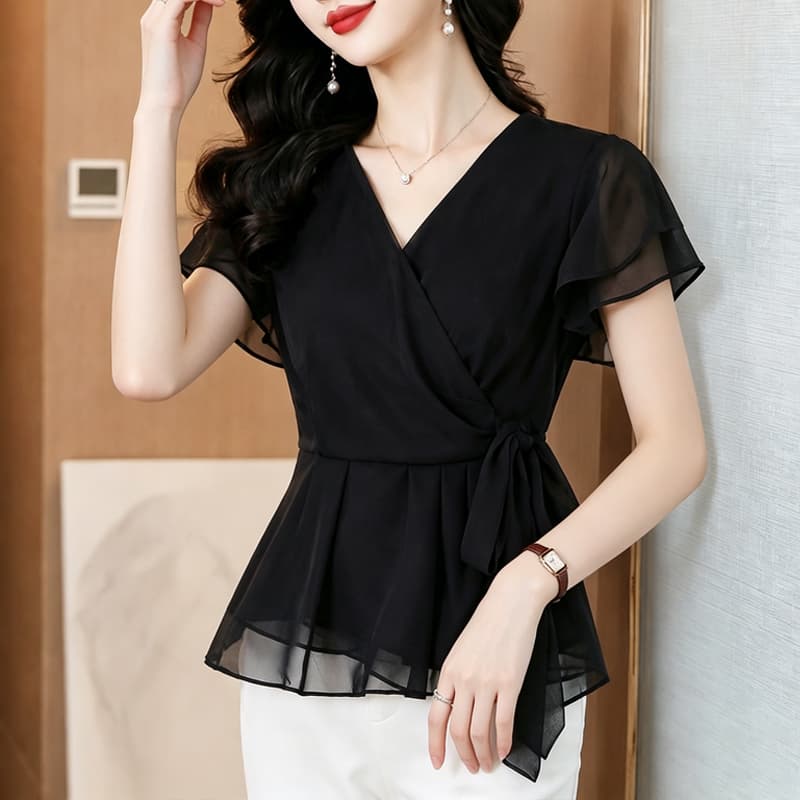 프랑스식 십자가 V넥 꽃무늬 쉬폰 블라우스 맨위 여성용 짧은 소매 Chic 품격 슬림해 보이는 셔츠 2026 여름 새로운 상세 이미지 4
