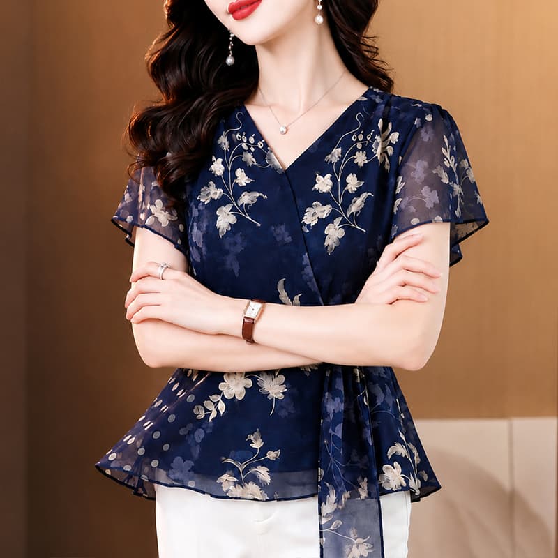 새로운 2026 프랑스식 우아함 파란색 꽃 프릴 V넥 쉬폰 여성 셔츠 여름 디자인 센스 품격 맨위 상세 이미지 3