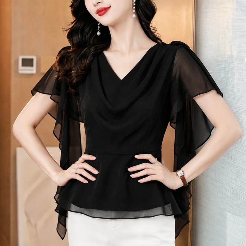 프랑스식 우아함 흔들다 칼라 리본 쉬폰 여성 셔츠 여름 반팔 디자인 센스 작은 대중 품격 얇은 스타일 만나는 맨위 상세 이미지 4