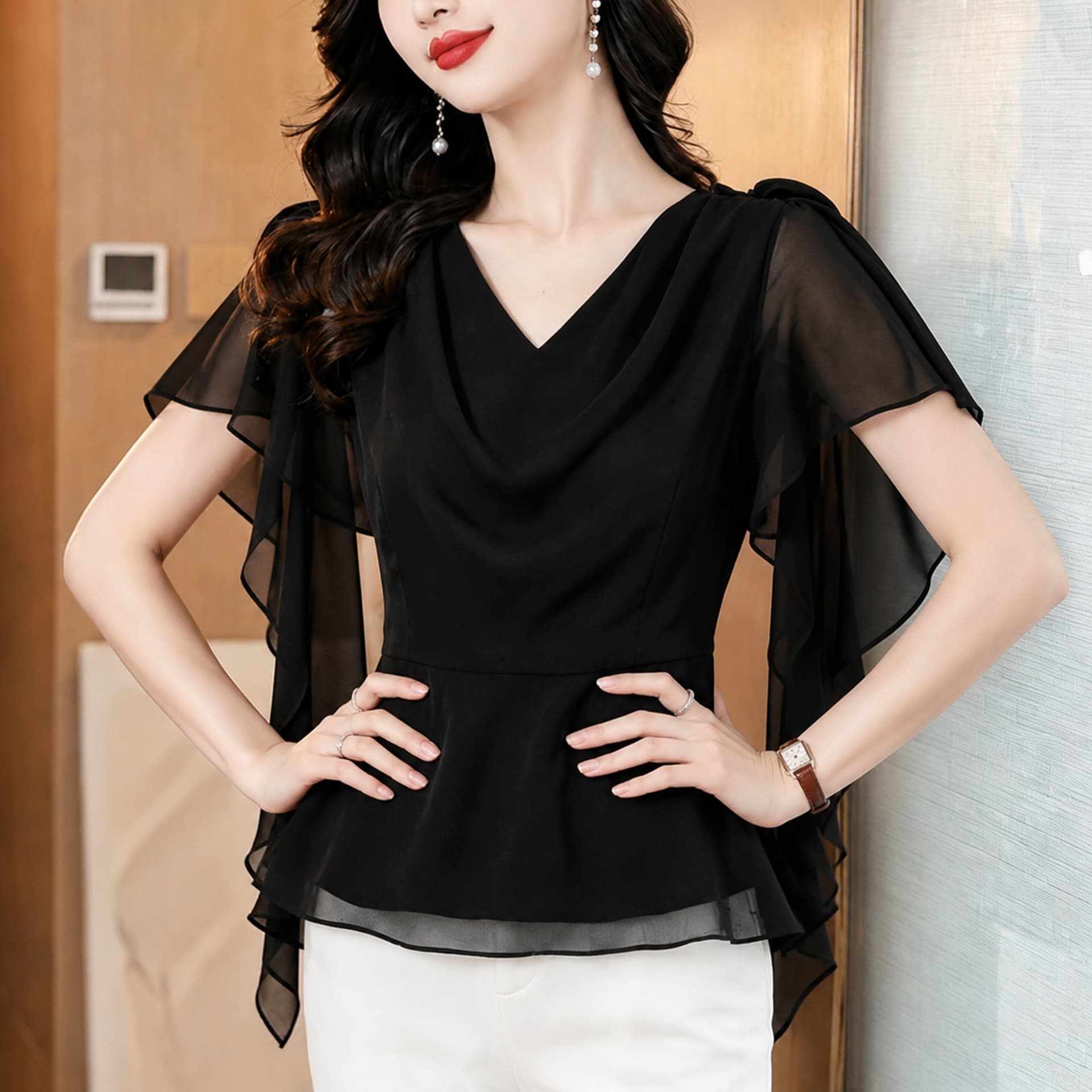 프랑스식 우아함 흔들다 칼라 리본 쉬폰 여성 셔츠 여름 반팔 디자인 센스 작은 대중 품격 얇은 스타일 만나는 맨위 상세 이미지 9