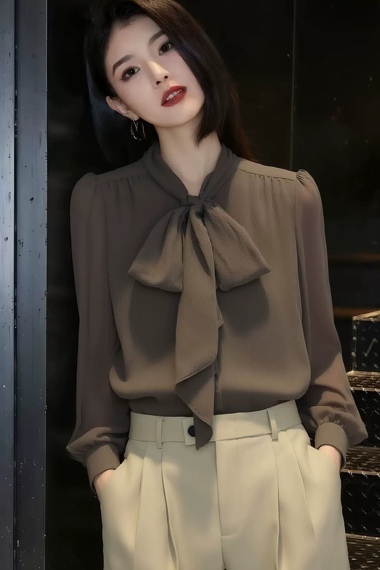 디자인 센스 나비 넥타이 칼라 긴팔 여성 셔츠 2026 가을 새로운 루즈핏 빅 사이즈 맨위 단색 셔츠 이미지 6