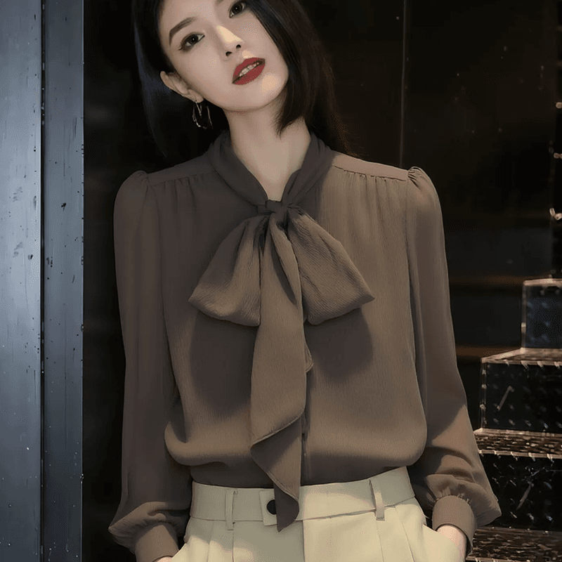 디자인 센스 나비 넥타이 칼라 긴팔 여성 셔츠 2026 가을 새로운 루즈핏 빅 사이즈 맨위 단색 셔츠 상세 이미지 3