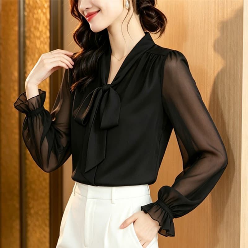2026 가을 새로운 나비 매듭 V넥 검정색 긴팔 쉬폰 블라우스 여성 셔츠 외국 가스 표지 배 슬림해 보이는 셔츠 이미지 2