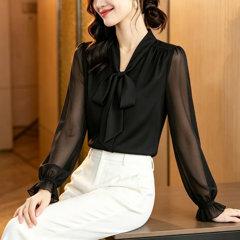 2026 가을 새로운 나비 매듭 V넥 검정색 긴팔 쉬폰 블라우스 여성 셔츠 외국 가스 표지 배 슬림해 보이는 셔츠 상세 이미지 7