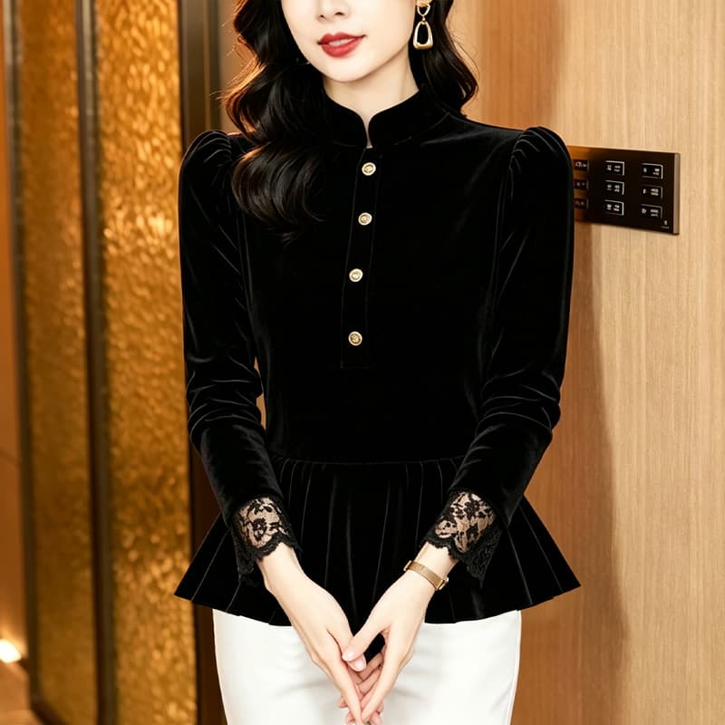 프랑스식 품격 검정색 스탠드 칼라 레이스 조각 벨벳 맨위 여성 가을 겨울 빛 럭셔리 고급 센스 연령 감소 외국 가스 작은 셔츠 이미지 4