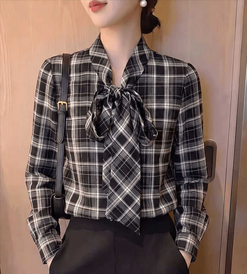 아름다운 프랑스식 긴팔 여성 셔츠 이른 가을 2026 년 새로운 맨위 작은 셔츠 나비 매듭 슬림해 보이는 체크무늬 고급 센스 이미지 2