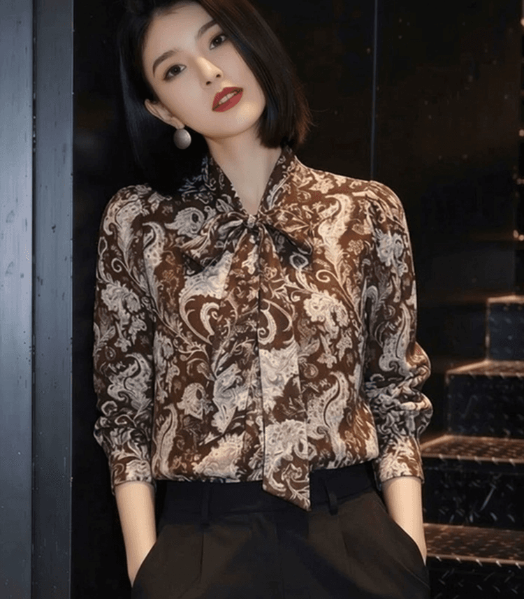 프랑스식 레트로 문예 바람 꽃무늬 나비 매듭 레이스 업 셔츠 여성 의류 봄 새로운 품격 세련된 출퇴근 맨위 이미지 2
