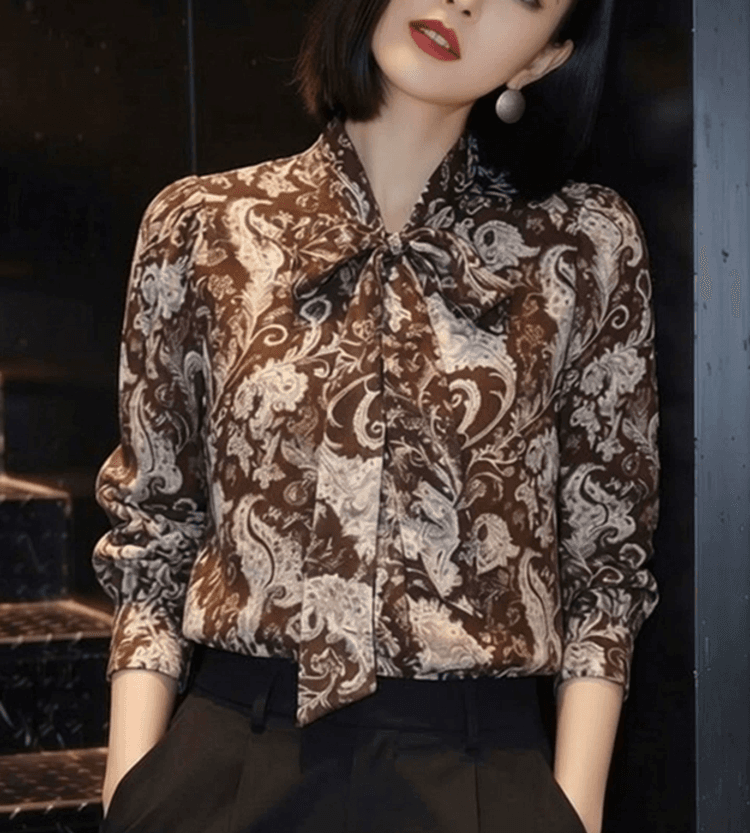 프랑스식 레트로 문예 바람 꽃무늬 나비 매듭 레이스 업 셔츠 여성 의류 봄 새로운 품격 세련된 출퇴근 맨위