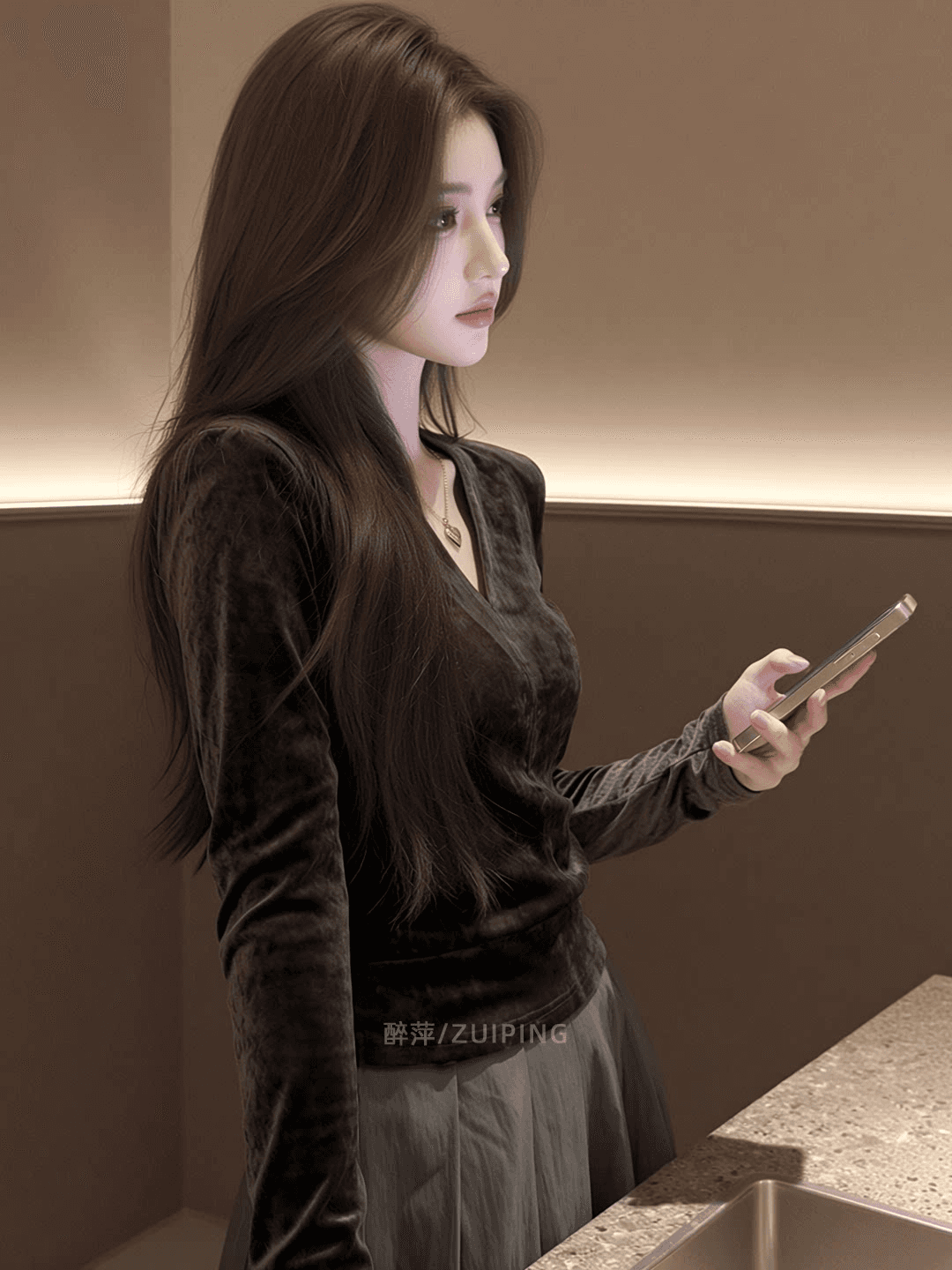 빛 럭셔리 센스 벨벳 긴팔 V넥 맨위 트렌디 2026 가을 새로운 여성 몸매 가꾸기 슬림해 보이는 기본 셔츠 품격 인사이드 가져 가라. 상세 이미지 3