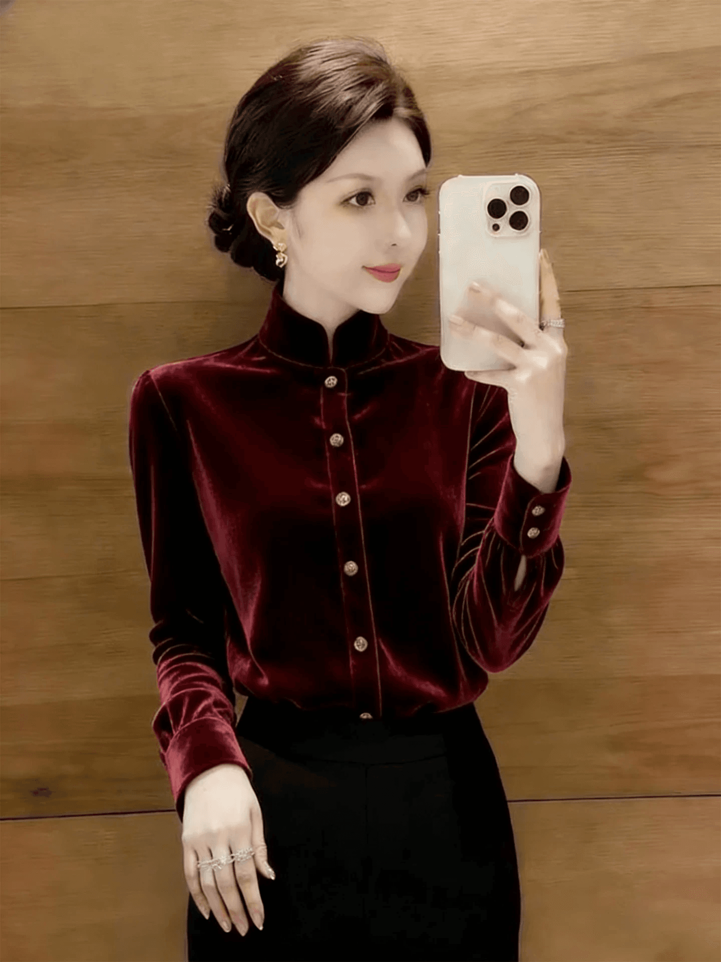 프랑스식 와인 레드 스탠드 칼라 벨벳 긴팔 여성 셔츠 2026 년 새로운 빛 럭셔리 품격 고급 센스 레트로 맨위 이미지 3