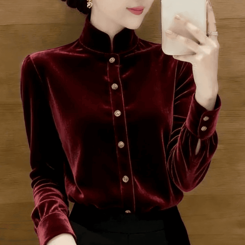 프랑스식 와인 레드 스탠드 칼라 벨벳 긴팔 여성 셔츠 2026 년 새로운 빛 럭셔리 품격 고급 센스 레트로 맨위 상세 이미지 1