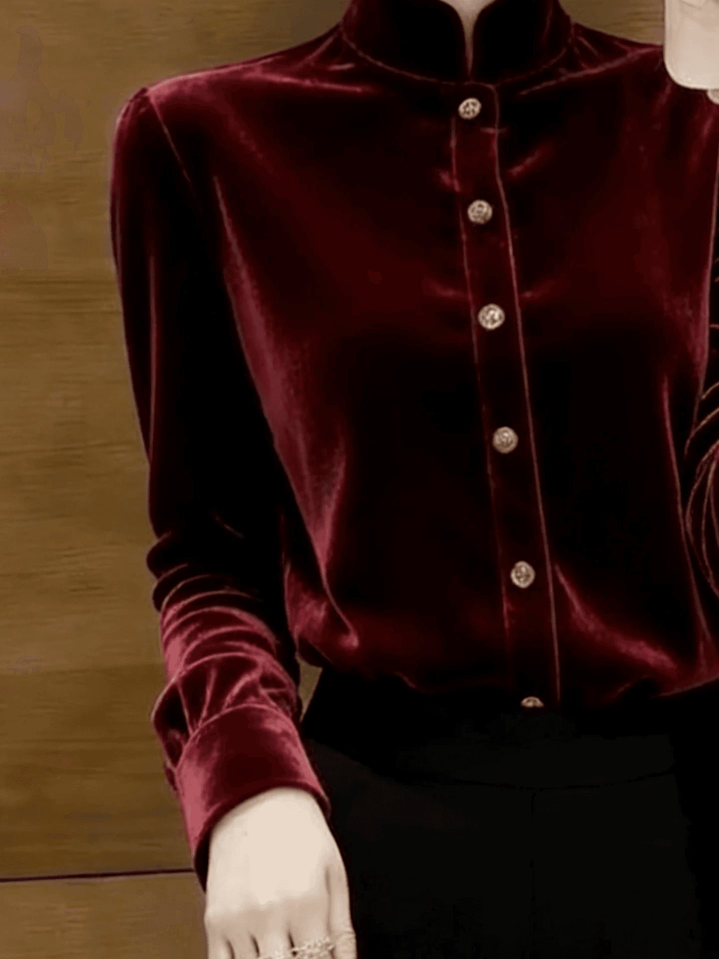 프랑스식 와인 레드 스탠드 칼라 벨벳 긴팔 여성 셔츠 2026 년 새로운 빛 럭셔리 품격 고급 센스 레트로 맨위 상세 이미지 5