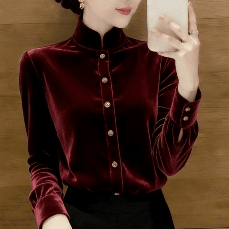 프랑스식 와인 레드 스탠드 칼라 벨벳 긴팔 여성 셔츠 2026 년 새로운 빛 럭셔리 품격 고급 센스 레트로 맨위 상세 이미지 7
