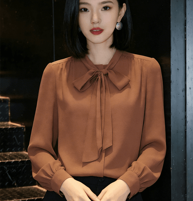 긴팔 여성 셔츠 2026 가을 새로운 한국 스타일 몸매 가꾸기 슬림해 보이는 리본 칼라 맨위 디자인 센스 단색 셔츠 트렌디 상세 이미지 1