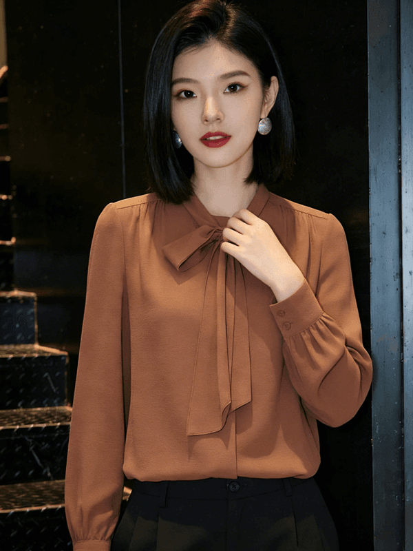 긴팔 여성 셔츠 2026 가을 새로운 한국 스타일 몸매 가꾸기 슬림해 보이는 리본 칼라 맨위 디자인 센스 단색 셔츠 트렌디 상세 이미지 13