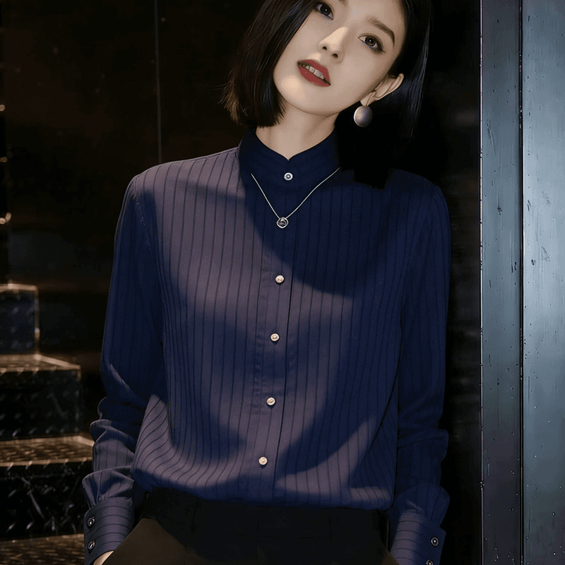 프랑스식 출퇴근 바람 해군 스탠드 칼라 긴팔 스트라이프 여성 셔츠 2026 년 새로운 슬림해 보이는 다용도 빅 사이즈 맨위