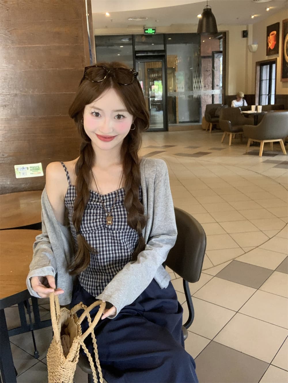 실사 정가 새로운 체크무늬 슬립 주름 장식 몸매 가꾸기 만나는 맨위 얇은 스타일 긴팔 자외선 차단 오픈 가디건 세트 상세 이미지 11