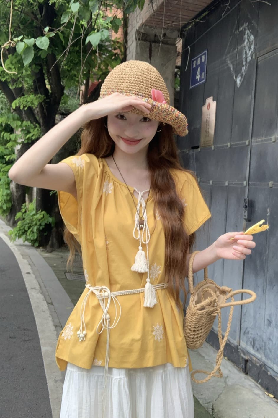 실사 정가 레트로 휴가 바람 자수 황색 작은 셔츠 저항 주름 펌프 로프 술 맨위 루즈핏 슬림해 보이는 셔츠 이미지 6