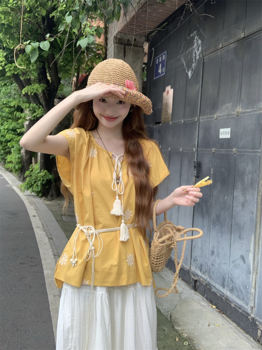 실사 정가 레트로 휴가 바람 자수 황색 작은 셔츠 저항 주름 펌프 로프 술 맨위 루즈핏 슬림해 보이는 셔츠 상세 이미지 7