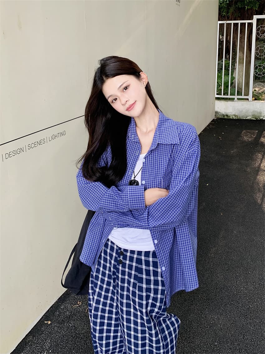 실사 정가 아메리칸 레트로 파란색 격자 무늬 셔츠 계절 느긋한 바람 여성 루즈핏 셔츠 재킷 긴팔 맨위