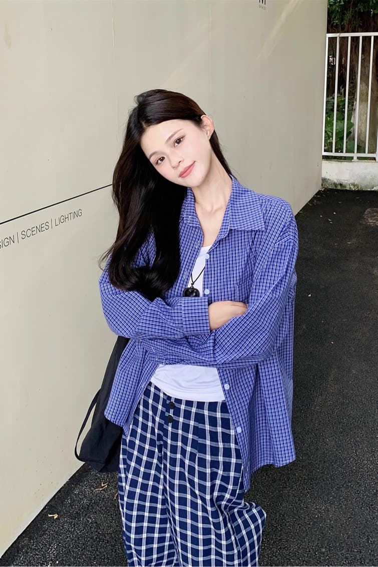 실사 정가 아메리칸 레트로 파란색 격자 무늬 셔츠 계절 느긋한 바람 여성 루즈핏 셔츠 재킷 긴팔 맨위 이미지 6