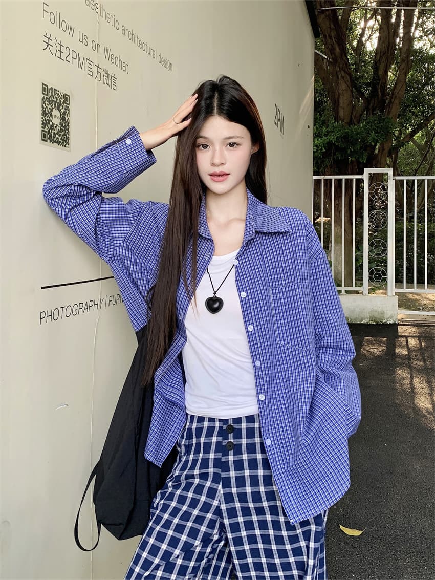 실사 정가 아메리칸 레트로 파란색 격자 무늬 셔츠 계절 느긋한 바람 여성 루즈핏 셔츠 재킷 긴팔 맨위 상세 이미지 6