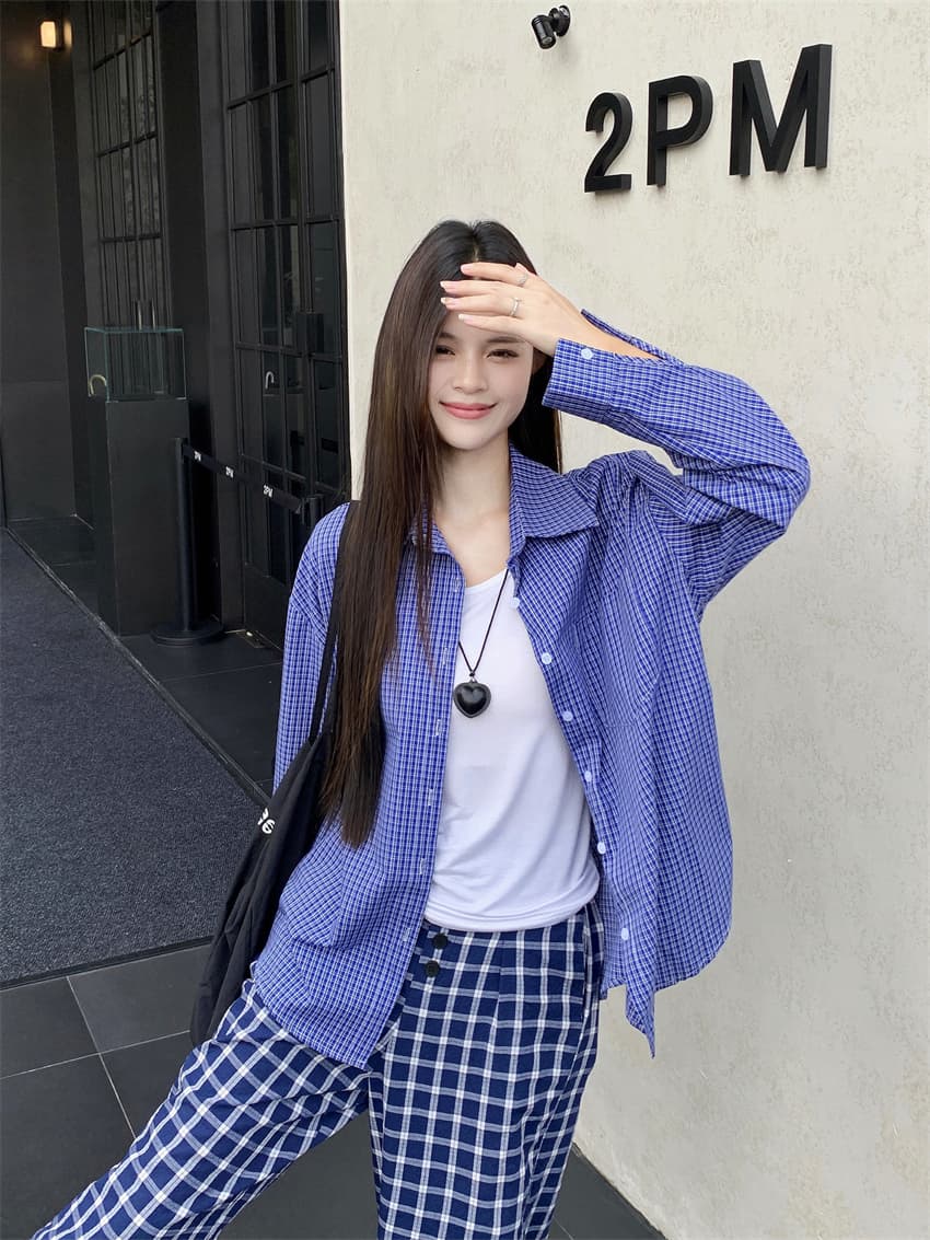 실사 정가 아메리칸 레트로 파란색 격자 무늬 셔츠 계절 느긋한 바람 여성 루즈핏 셔츠 재킷 긴팔 맨위 상세 이미지 7