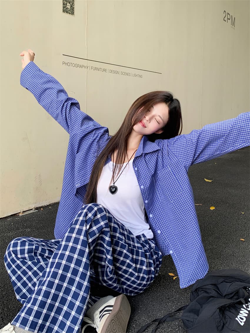 실사 정가 아메리칸 레트로 파란색 격자 무늬 셔츠 계절 느긋한 바람 여성 루즈핏 셔츠 재킷 긴팔 맨위 상세 이미지 13