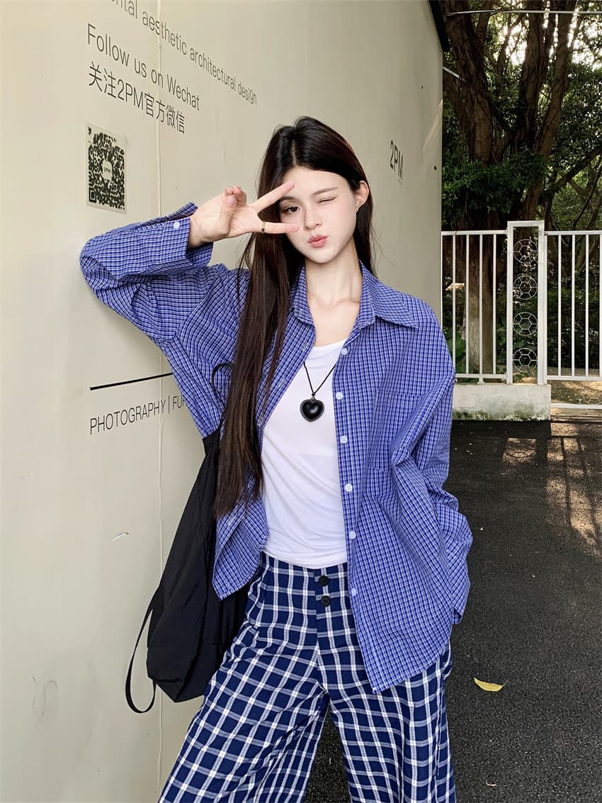 실사 정가 아메리칸 레트로 파란색 격자 무늬 셔츠 계절 느긋한 바람 여성 루즈핏 셔츠 재킷 긴팔 맨위 상세 이미지 1