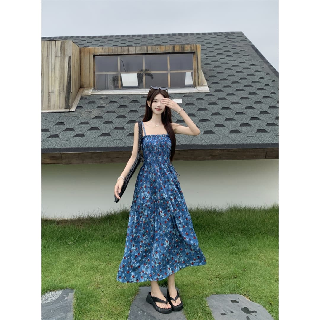 실사 정가 휴가 바람 레트로 꽃무늬 슬립 여성 드레스 여름 디자인 불규칙 허리 수축 슬림해 보이는 A라인 스커트 이미지 5