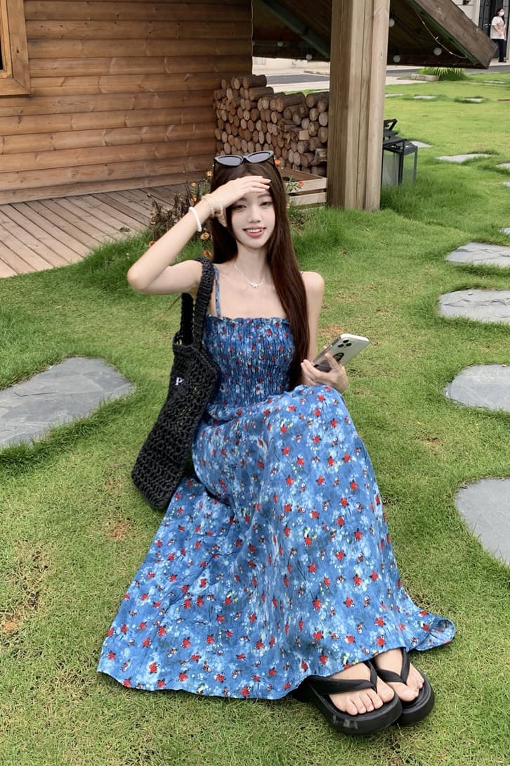 실사 정가 휴가 바람 레트로 꽃무늬 슬립 여성 드레스 여름 디자인 불규칙 허리 수축 슬림해 보이는 A라인 스커트 이미지 6