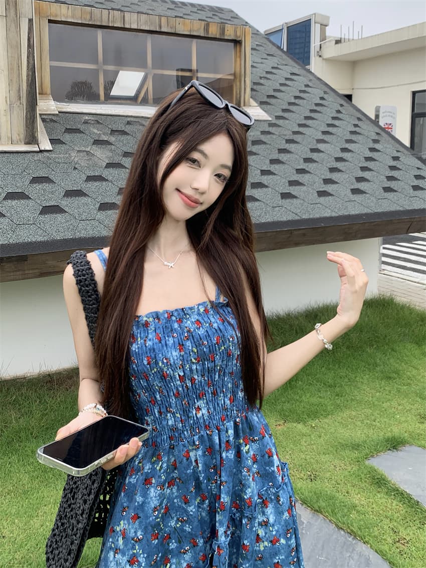 실사 정가 휴가 바람 레트로 꽃무늬 슬립 여성 드레스 여름 디자인 불규칙 허리 수축 슬림해 보이는 A라인 스커트 상세 이미지 1