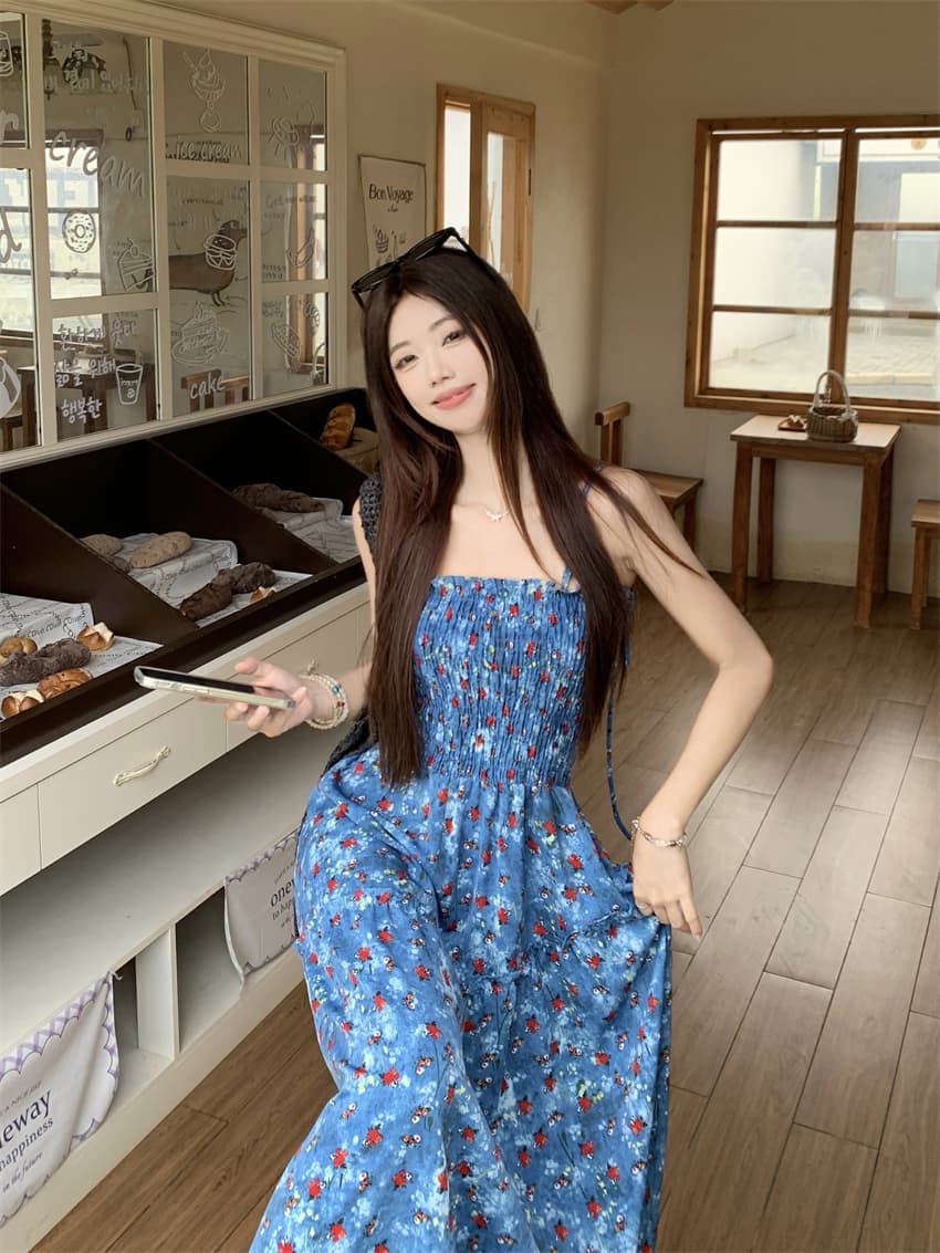 실사 정가 휴가 바람 레트로 꽃무늬 슬립 여성 드레스 여름 디자인 불규칙 허리 수축 슬림해 보이는 A라인 스커트 상세 이미지 4