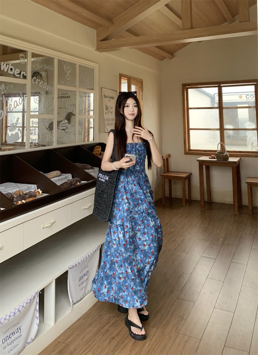 실사 정가 휴가 바람 레트로 꽃무늬 슬립 여성 드레스 여름 디자인 불규칙 허리 수축 슬림해 보이는 A라인 스커트 상세 이미지 6