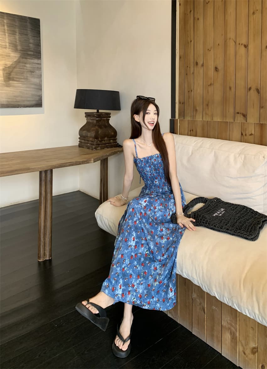 실사 정가 휴가 바람 레트로 꽃무늬 슬립 여성 드레스 여름 디자인 불규칙 허리 수축 슬림해 보이는 A라인 스커트 상세 이미지 10
